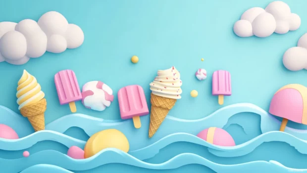 A pastel summer day where ice cream cones and popsicles float above pastel blue waves.