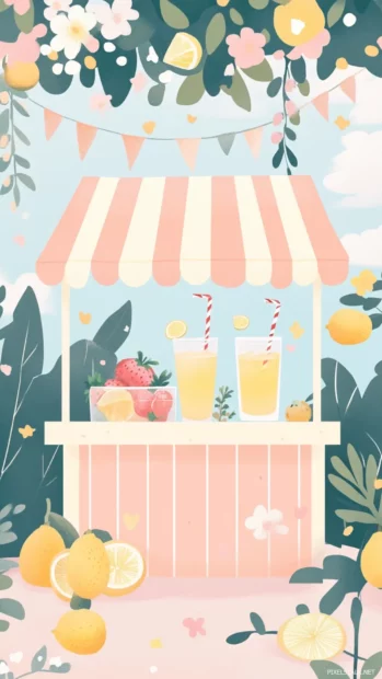 A pastel summer lemonade stand surrounded by cute fruit illustrations and floral garlands.
