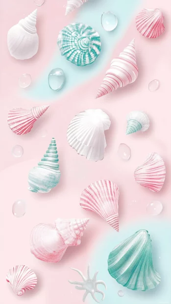 A pastel summer phone background showing cute seashell patterns in pink and mint, pastel tones.
