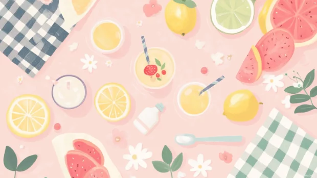 A pastel summer picnic with tiny fruit slices, lemonade glasses, and delicate floral accents.