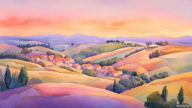 A pastel sunrise over watercolor rolling hills and sleepy villages.