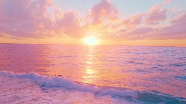 A pastel sunset over a calm ocean, with soft pink, orange, and lavender hues reflecting off the gentle waves.