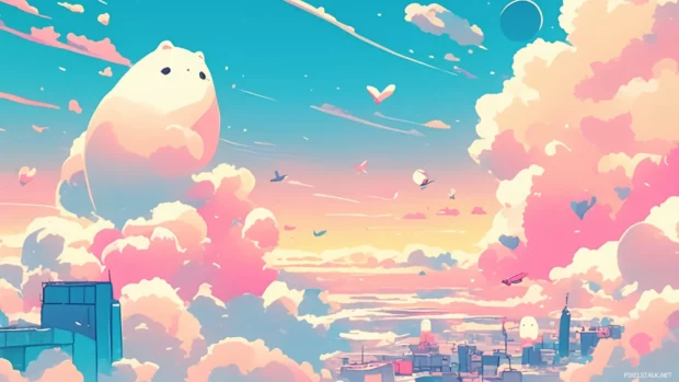A pastel themed cartoon wallpaper HD for desktop computer featuring clouds and flying pets.