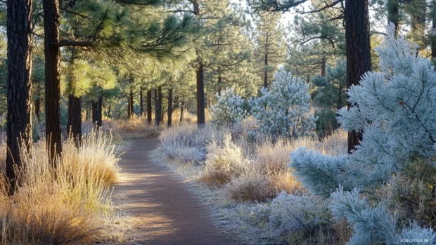 A path through a pretty pine forest touched by early frost.