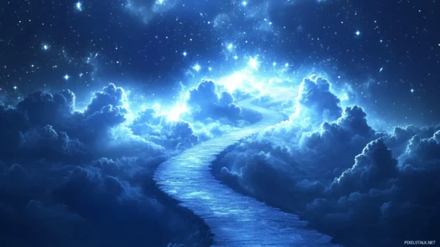 A path winding under swirling star clouds.