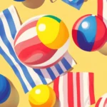 A pattern of Summer Wallpapers featuring colorful striped towels and beach balls.