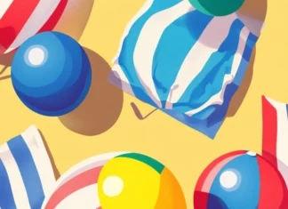 A pattern of Summer Wallpapers featuring colorful striped towels and beach balls.
