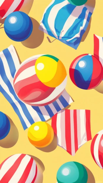 A pattern of Summer Wallpapers featuring colorful striped towels and beach balls.
