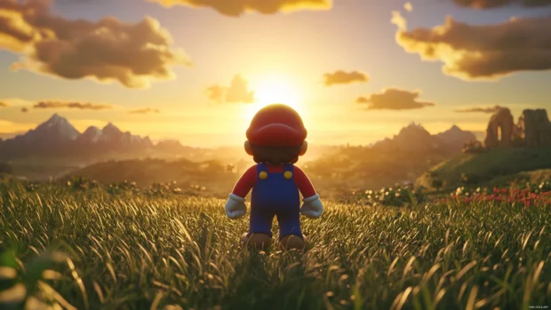 A peaceful 4K landscape with Super Mario walking alone under a sunset sky in Mushroom Kingdom.