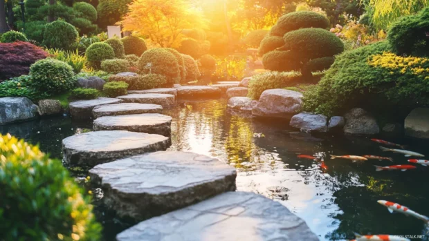 A peaceful Japanese garden with koi pond and stone path under warm sunlight.