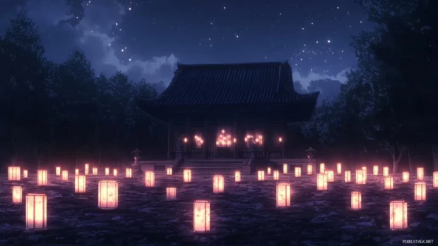 A peaceful anime temple surrounded by softly drifting lanterns.