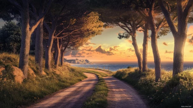 A peaceful countryside road leading into the horizon, lined with trees under a sunset beach wallpaper sky.