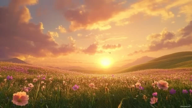 A peaceful countryside scene, rolling fields under a vibrant sunset sky.