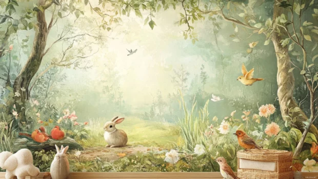 A peaceful forest scene with rabbits and birds, perfect for kids wallpaper for bedroom.
