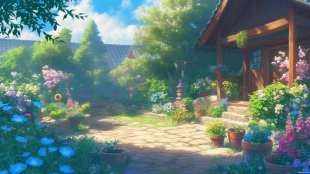 A peaceful garden view with cozy details in cartoon wallpapers.