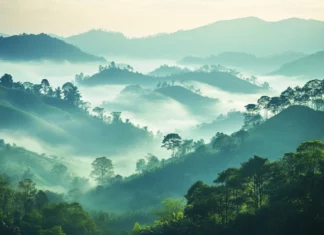 A peaceful landscape perfect for Beautiful scenic wallpaper for desktop, stretching into the misty horizon.