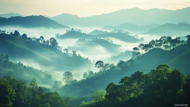 A peaceful landscape perfect for Beautiful scenic wallpaper for desktop, stretching into the misty horizon.