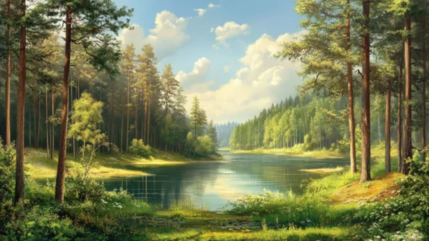 A peaceful landscape perfect for Pretty forest scenery wallpaper, framed by tall evergreen forests.