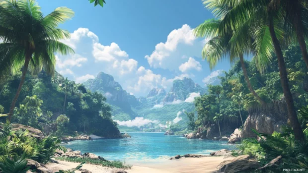 A peaceful landscape perfect for Tropical beach scenery wallpaper, dancing in the tropical breeze.