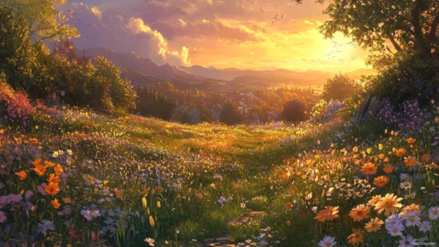 A peaceful meadow bathed in the warm glow of the setting sun, wildflowers in bloom.
