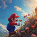 A peaceful moment where Super Mario picks flowers on a quiet hilltop before the next adventure.