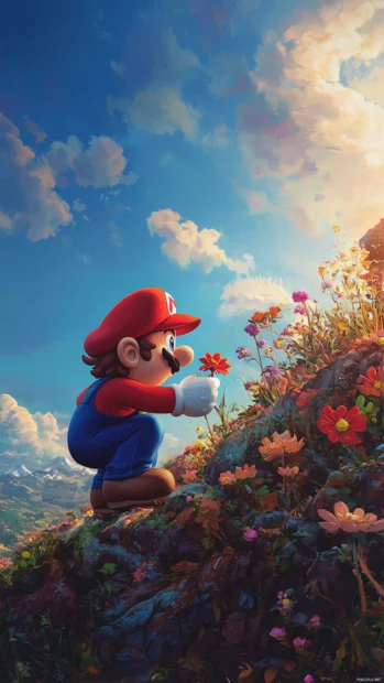 A peaceful moment where Super Mario picks flowers on a quiet hilltop before the next adventure.