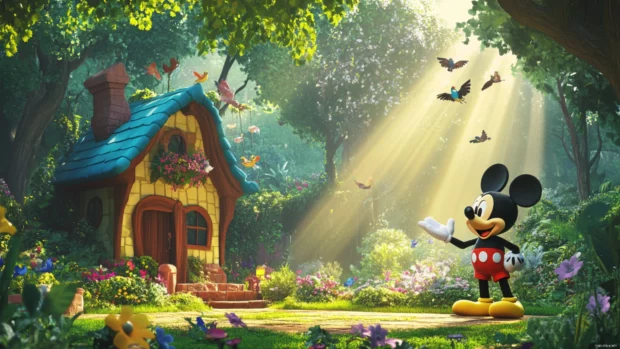A peaceful morning at the Mickey Mouse Clubhouse with birds chirping and sun rays.