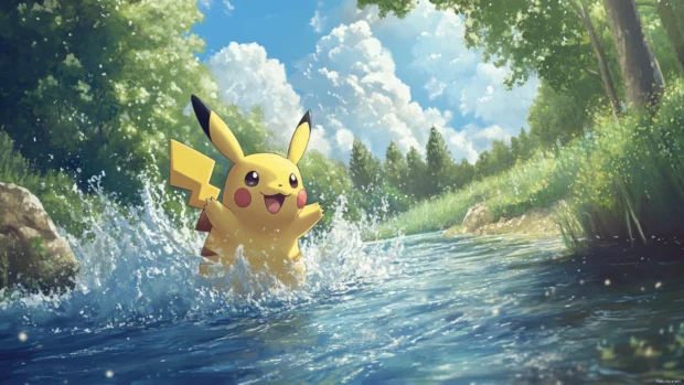 A peaceful river scene shows Pikachu splashing water while smiling at passing clouds.