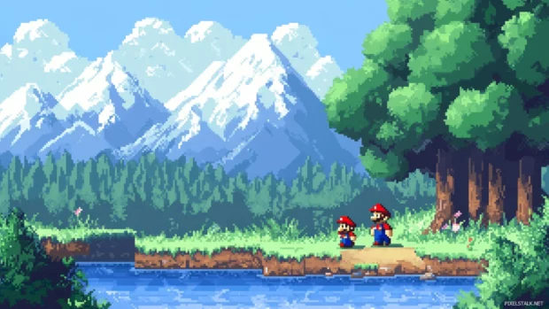 A peaceful scene of the Mario Bros walking through a quiet pixel valley after a long adventure.