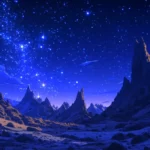 A peaceful starry sky above a calm desert landscape, the stars shining brightly against a dark, cloudless sky, creating a tranquil and magical atmosphere.