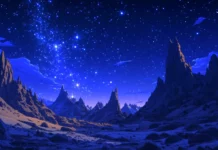 A peaceful starry sky above a calm desert landscape, the stars shining brightly against a dark, cloudless sky, creating a tranquil and magical atmosphere.
