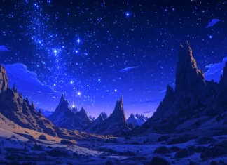 A peaceful starry sky above a calm desert landscape, the stars shining brightly against a dark, cloudless sky, creating a tranquil and magical atmosphere.