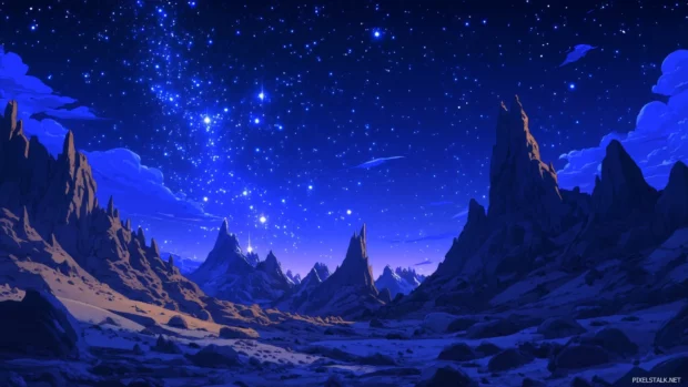 A peaceful starry sky above a calm desert landscape, the stars shining brightly against a dark, cloudless sky, creating a tranquil and magical atmosphere.