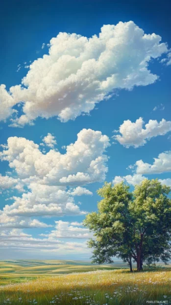 A peaceful summer with soft clouds floating in an open sky.