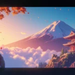 A peaceful view of Mount Fuji with a traditional pagoda and clouds drifting in the sky, anime style.