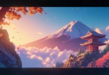 A peaceful view of Mount Fuji with a traditional pagoda and clouds drifting in the sky, anime style.