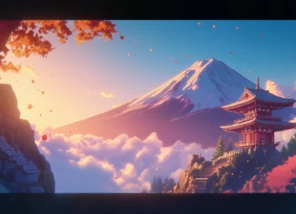 A peaceful view of Mount Fuji with a traditional pagoda and clouds drifting in the sky, anime style.