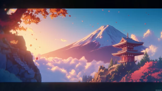 A peaceful view of Mount Fuji with a traditional pagoda and clouds drifting in the sky, anime style.