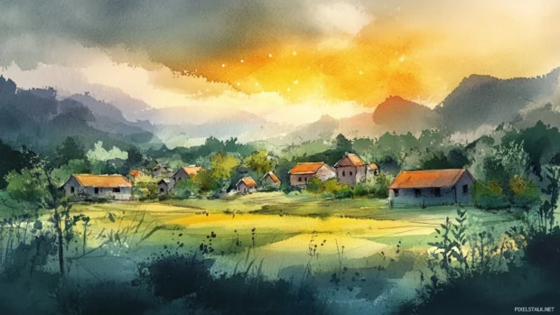 A peaceful village at dusk captured in a peaceful watercolor landscape for Macbook.