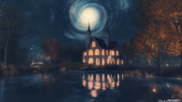 A peaceful village under Van Gogh swirling Starry Night sky, reimagined with soft lighting and bold textures, creating a fusion of classic art and modern landscape.