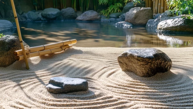 A peaceful zen garden with raked sand patterns, smooth stones, small bamboo fountain.
