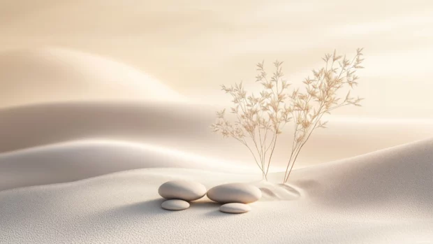 A peaceful zen garden with raked sand, smooth stones, and a few sparse plants, offering a sense of tranquility.