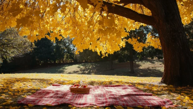 A picnic blanket laid out under a yellow leaved tree.