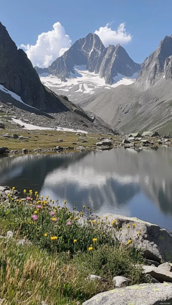 A picturesque mountain lake reflecting towering snow capped peaks, surrounded by vibrant wildflowers.