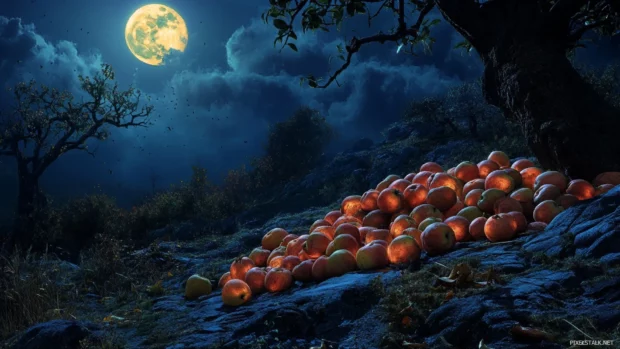 A pile of rotten apples glowing under moonlight.