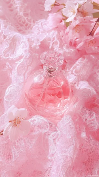 A pink aesthetic wallpapers for girls theme featuring perfume bottles and lace cloth.