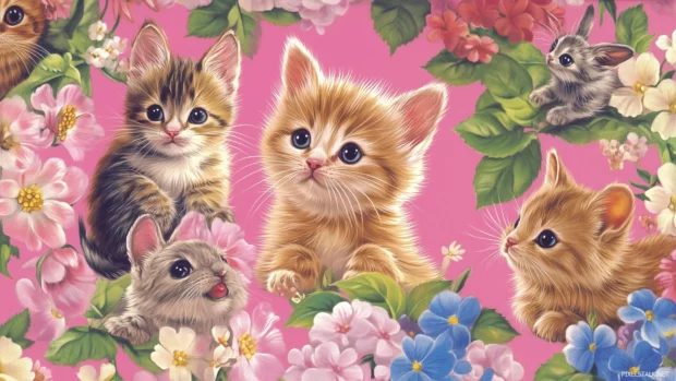 A pink background with adorable cartoon animals like kittens, puppies, and bunnies, with gentle floral accents, designed for a sweet, playful kids space.