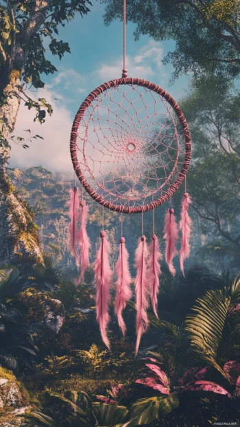 A pink dreamcatcher spinning slowly in the morning breeze.