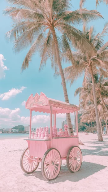A pink themed ice cream cart by the beach under palm trees.