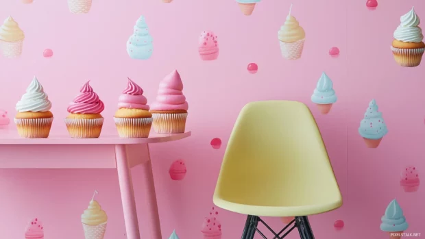 A pink wallpaper featuring cheerful cartoon ice creams, cupcakes, and candies, perfect for adding a fun, playful vibe to a kids space.